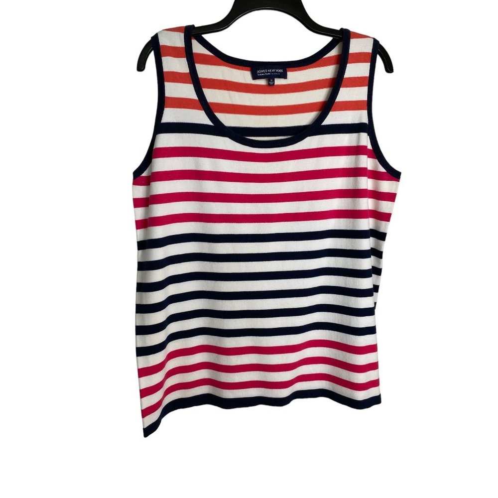 Jones New York Signature Woman 1X Striped Knit Tank Pink Navy White Cotton Blend